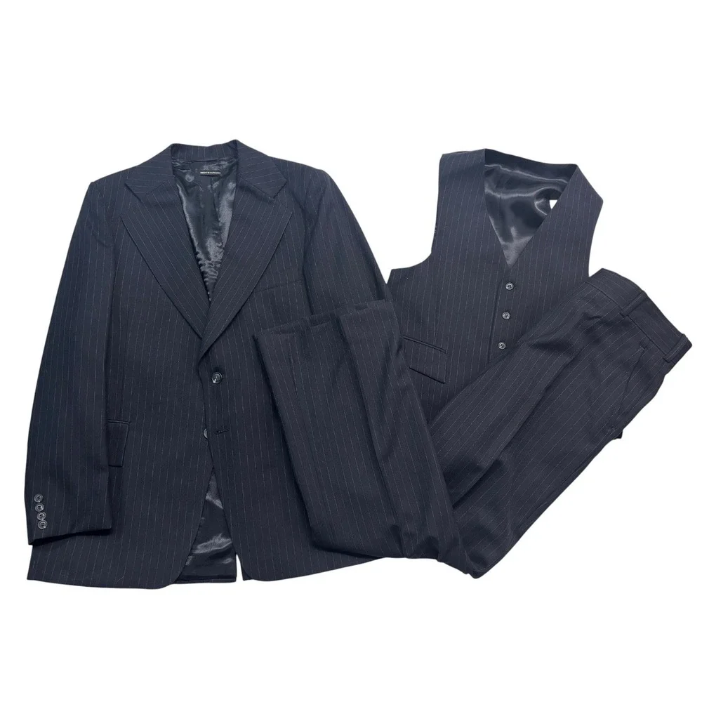 vtg 70s Navy Blue Pinstripe 40R 36x32 3pc Pant Suit Vest Wool USA Flare Leg